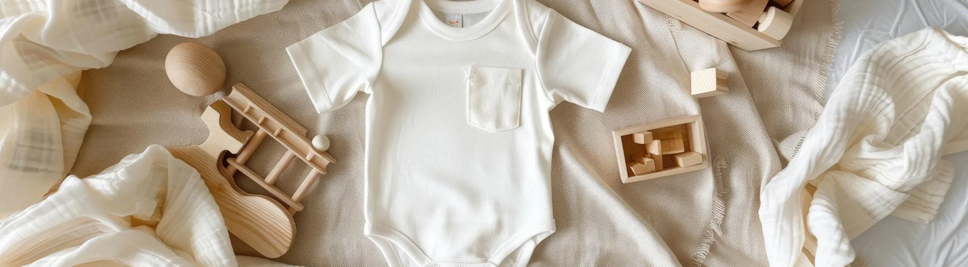 Babybody und Holzspielzeug auf hellem Stoff in natürlichen Farben arrangiert
