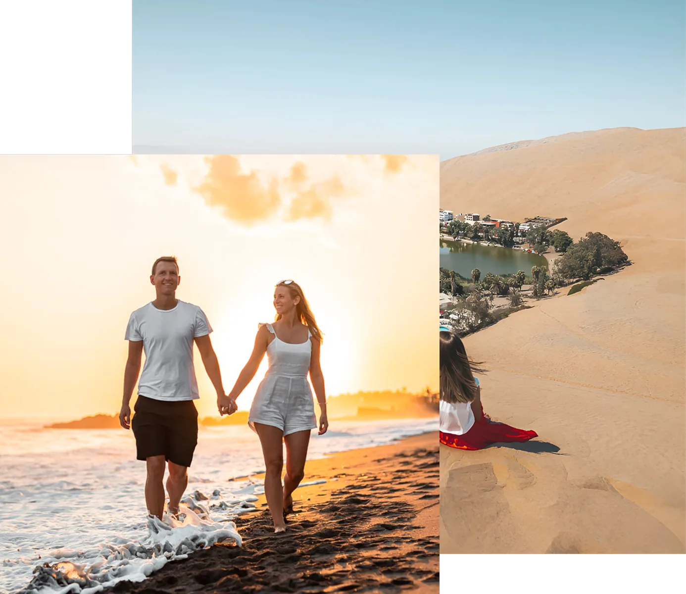 Collage aus Paar am Strand bei Sonnenuntergang und Person in Wüste mit Blick auf eine Oase.